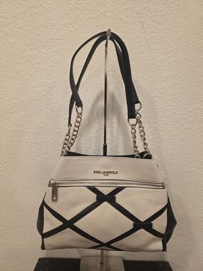Karl Lagerfeld White and Black Leather Shoulder Bag with Gold Chain Straps